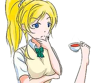 🤔 anime, girl, thinking, tea, blond hair, ponytail telegram sticker