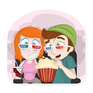 🎥 cola película, cine, pareja, palomitas, gafas 3D, cola, viendo película telegram sticker