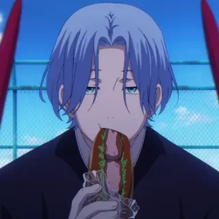 😋 anime, homem, comendo, cachorro-quente, cabelo azul telegram sticker