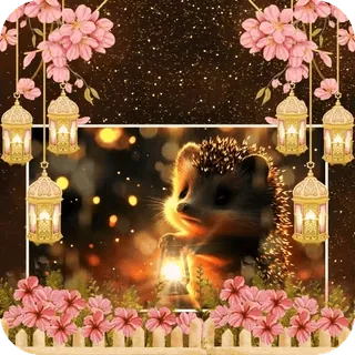 🌛 hedgehog, lanterns, flowers, cute, animal, decorative telegram sticker