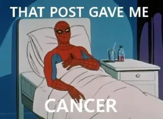 🤕 Spider-Man THAT POST GAVE ME CANCER meme, funny, illness, sarcastic, cartoon telegram sticker