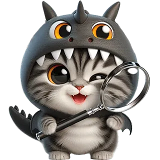 🧐 gatto, dinosauro, lente d'ingrandimento, carino, animale, gattino, cartone animato, kawaii telegram sticker