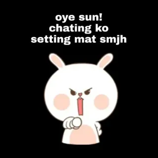 😲 oye sun!
chating ko
setting mat smjh conejo, enojado, sticker, dibujos animados, hindi, texto, lindo telegram sticker