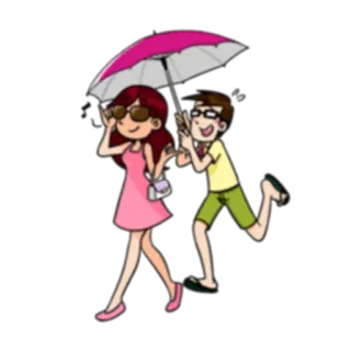 🤗 cartoon, umbrella, woman, man, couple, sunglasses, pink dress, romance, walking telegram sticker