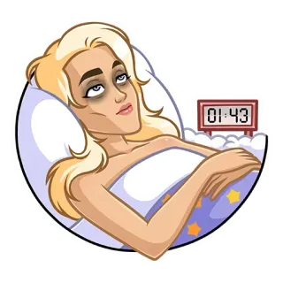 😴 01:43 sonolento, cansado, insônia, tarde, cama, mulher loira telegram sticker