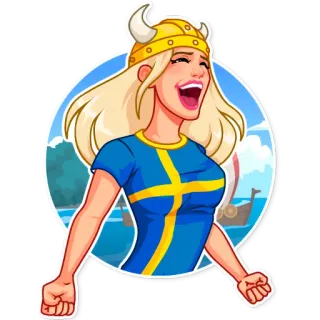 🇸🇪 vikingo, mujer, rubia, dibujo animado, personaje, Suecia, nórdico, barco whatsapp sticker