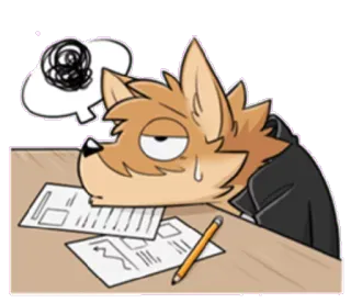 😫 rubah, lelah, stres, kartun, meja, kertas, berpikir whatsapp sticker
