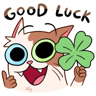 🍀 good luck chat, bonne chance, trèfle à quatre feuilles, dessin animé, chance, animal whatsapp sticker