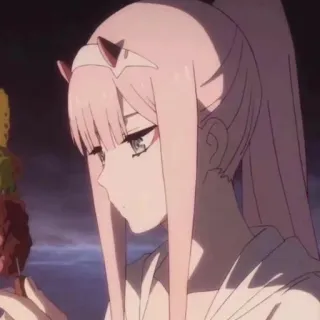 😕 Zero Two Darling in the Franxx Anime, Personaje, Zero Two, Darling in the Franxx, Mujer, Pelo rosa, Cuernos telegram sticker