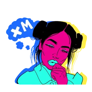 🤘 XM mujer, dibujo animado, pensando, colorido, ilustración, retrato telegram sticker