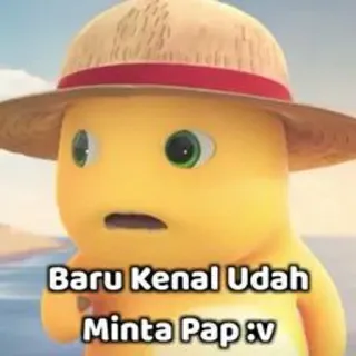 😱 Baru Kenal Udah Minta Pap :v postać z kreskówki, żółty, słomkowy kapelusz, animowany, indonezyjski, mem telegram sticker