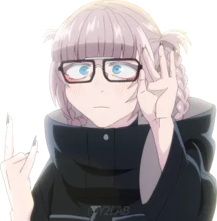 🤓 Anime, Chica, Dedo corazón, Gafas, Trenzas, Dibujos animados whatsapp sticker