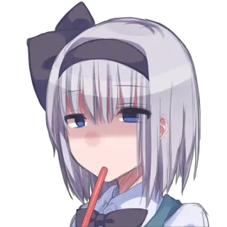 🤨 anime girl, drinking, smug, cartoon, cute, grey hair, ribbon, sticker telegram sticker