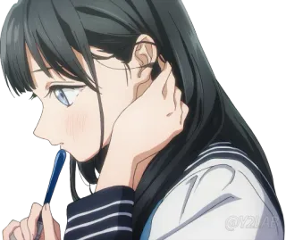 🤔 Anime, Ragazza, Pensierosa, Carina, Riflessiva, Occhi blu, Capelli scuri whatsapp sticker