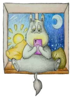 😵‍💫 Moomin Moomin, kartun, jendela, matahari, bulan, membaca, ponsel whatsapp sticker