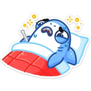 🤒 tubarão, doente, cama, febre, termômetro, desenho animado telegram sticker