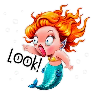 👁 LOOK! mermaid, cartoon, pointing, sea, fish, water, surprise, cute whatsapp sticker