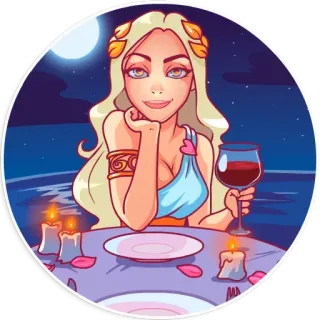😏 ผู้หญิง, อาหารเย็น, ไวน์, โรแมนติก, เทียน, พระจันทร์, กลางคืน telegram sticker