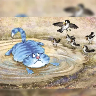 😾 cat, birds, water, cartoon, sad, animals telegram sticker