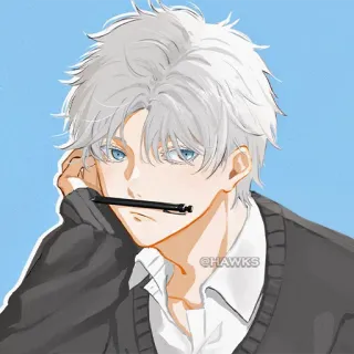 😒 @HAWKS Anime, Homme, Cheveux blancs, Gris, Stylo, Personnage, Illustration telegram sticker