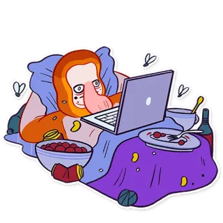 😞 khỉ mũi, máy tính, lười biếng, đồ ăn, trong nhà, phim hoạt hình whatsapp sticker