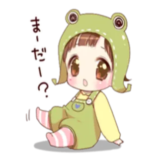 😯 まーだー？ mono, estilo anime, sombrero de rana, dibujos animados, bebé, japonés telegram sticker