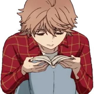 📖 Anime, Junge, Lesen, Buch, kariertes Hemd, nachdenklich, sitzend telegram sticker