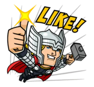 👍 Thor LIKE! Thor, Marvel, Super-héros, J'aime, Pouce levé, Marteau, Dessin animé whatsapp sticker