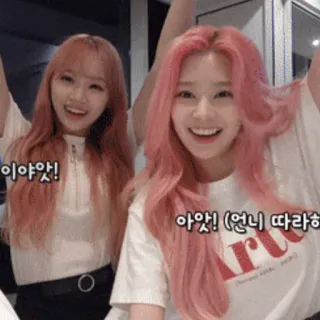 🍧 이얏! 아앗! (언니 따라) Koreanisch, Frau, Frauen, pinke Haare, glücklich, lächeln telegram sticker