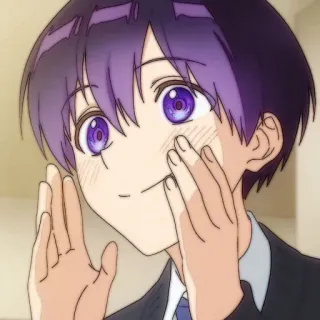 🍪 anime, kartun, anak laki-laki, rambut ungu, imut, tersipu, bahagia telegram sticker