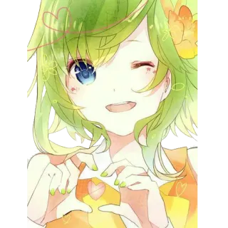 💖 Anime, Mädchen, Süß, Zwinkern, Grünes Haar, Gelb, Herz Hände telegram sticker