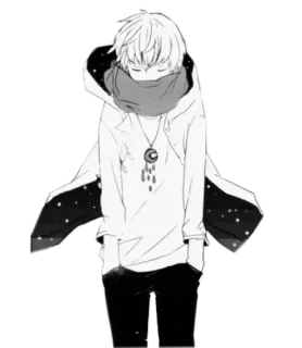 ♥️ Anime, Chico, Sudadera con capucha, Bufanda, Blanco y negro telegram sticker
