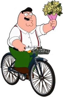 😀 Peter Griffin Family Guy 卡通, 搞笑, 动画, 成人幽默, 恶搞之家, 彼得·格里芬, 自行车, 花 telegram sticker