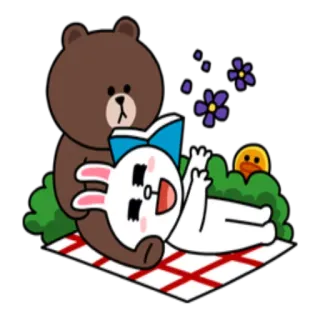 🌴 Brown, Cony медведь, кролик, чтение, пикник, цветы whatsapp sticker