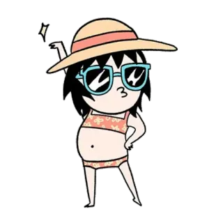 😗 cartone animato, spiaggia, costume da bagno, occhiali da sole, cappello, estate telegram sticker