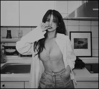 ◾️ femme, mannequin, cuisine, soutien-gorge, noir et blanc telegram sticker
