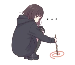 😶 dziewczyna anime, rysunek, bluza z kapturem, siedzi, patyk, okrąg telegram sticker