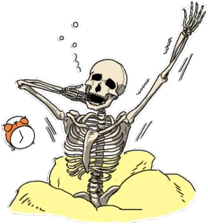 😪 โครงกระดูก, ตื่น, นาฬิกาปลุก, การนอนหลับ, กระดูก, เหนื่อย telegram sticker