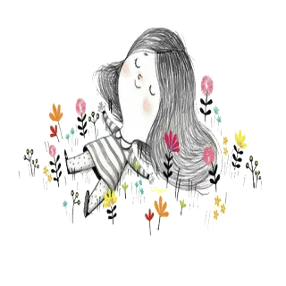 😌 chica, flores, soñando, relajante, dibujo telegram sticker