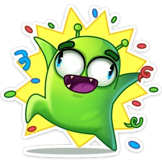 🥳 monstruo verde, alien, dibujos animados, celebración, confeti, gracioso telegram sticker