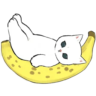 🍌 猫, 香蕉, 可爱, 白猫, 放松, 躺着, 动物, 卡哇伊 telegram sticker