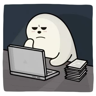 😑 fantasma, laptop, lavoro, documenti, stanco, cartone animato, ufficio whatsapp sticker