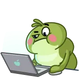 🌈 กบ, คอมพิวเตอร์, แล็ปท็อป, การ์ตูน, นั่ง, แอปเปิล, ทะเล้น, คิด telegram sticker