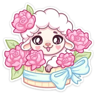 💐 овца, ягненок, цветы, розы, милый, животное, мультфильм, наклейка telegram sticker