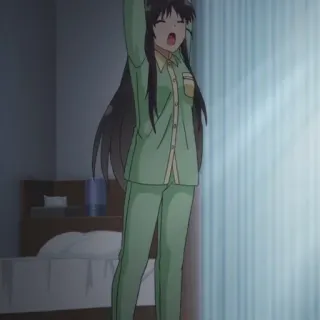 😑 anime, girl, pajamas, yawning, indoors, bedroom telegram sticker