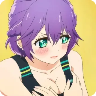 😓 anime, dziewczyna, fioletowe włosy, zielone oczy, słodka, rumieniec telegram sticker