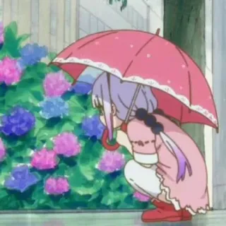 🍡 Anime, Fille, Parapluie, Pluie, Hortensias, Kawaii telegram sticker
