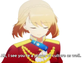 😌 Ah, I see you're a player of culture as well. Anime, Uniforme rojo, Cultura, Saludo, Cita telegram sticker