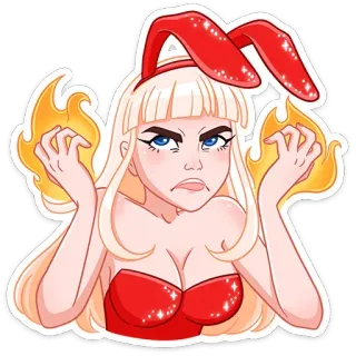 🔥 donna, coniglio, fiamme, cartone animato, arrabbiato, rosso, bionda, brillantini telegram sticker