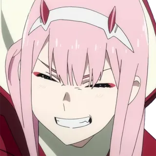 😁 Zero Two Darling in the Franxx Anime, Zero Two, Darling in the Franxx, capelli rosa, sorriso, personaggio telegram sticker